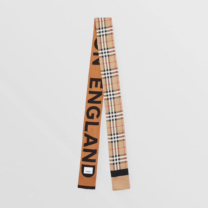 Burberry Burberry Vintage Check And Logo Print Silk Skinny Scarf, Beige