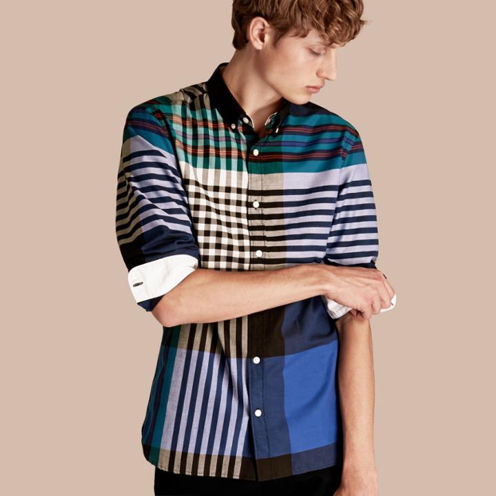 Burberry Burberry Graphic Tartan Cotton Shirt, Size: L, Blue