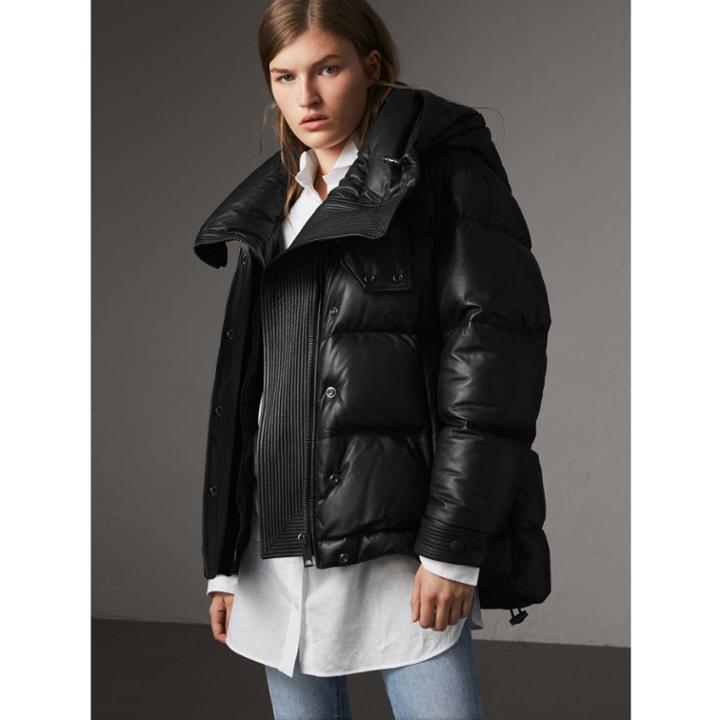 Burberry Burberry Detachable Hood Lambskin Puffer Jacket, Black