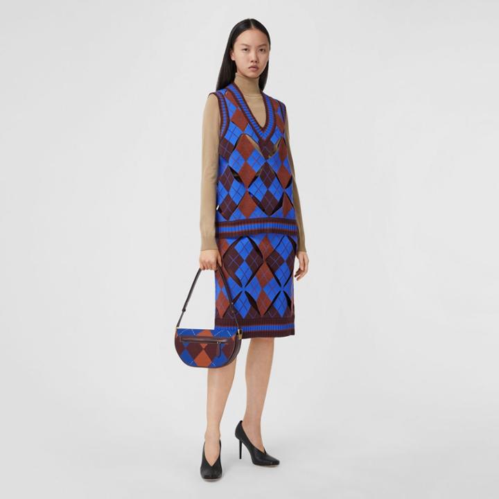 Burberry Burberry Cut-out Detail Argyle Technical Wool Jacquard Skirt, Size: M, Blue