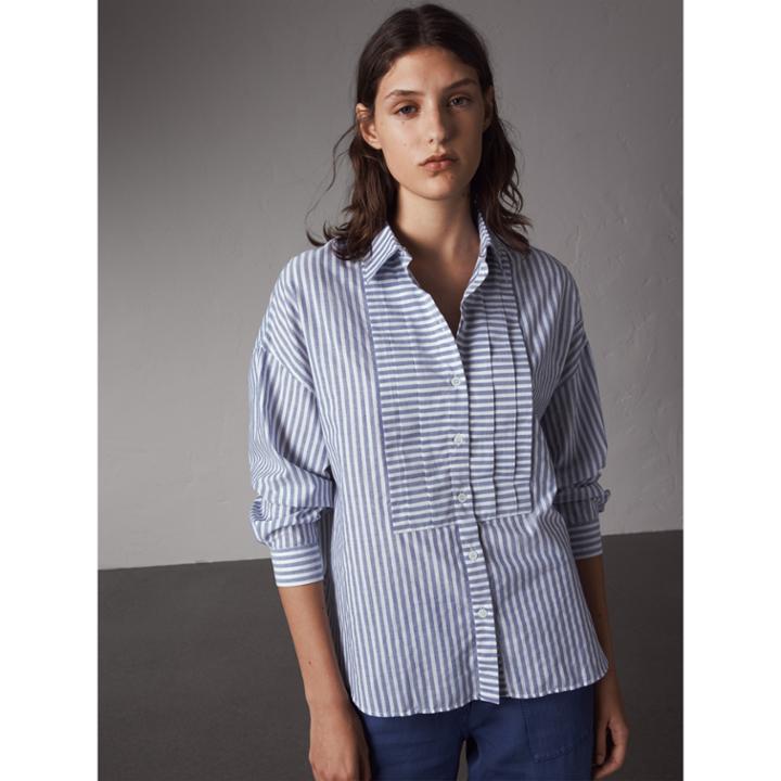 Burberry Burberry Pleated Bib Striped Cotton Shirt, Size: 10, Blue