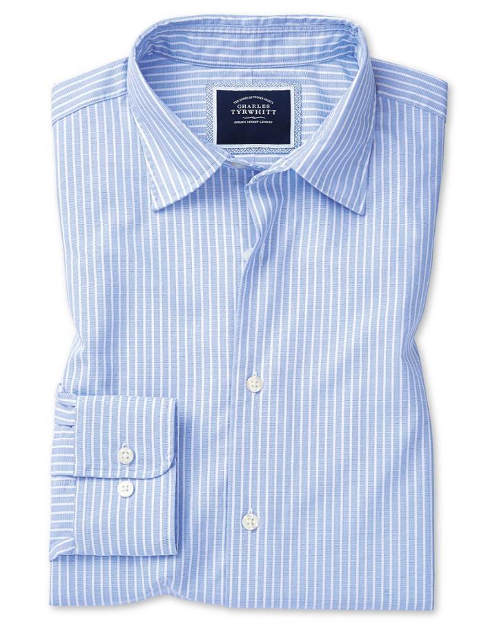  Extra Slim Fit Sky Blue And White Stripe Soft Washed Textured Cotton Casual Shirt Single Cuff Size Large By Charles Tyrwhitt