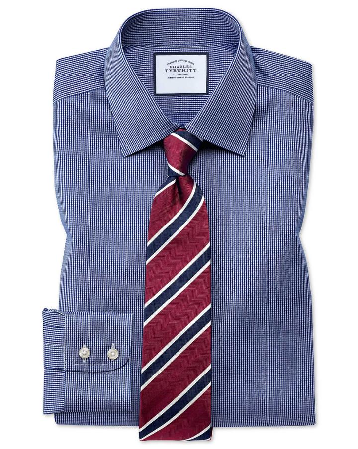 Charles Tyrwhitt Slim Fit Non-iron Puppytooth Royal Blue Cotton Dress Shirt Single Cuff Size 14.5/32 By Charles Tyrwhitt