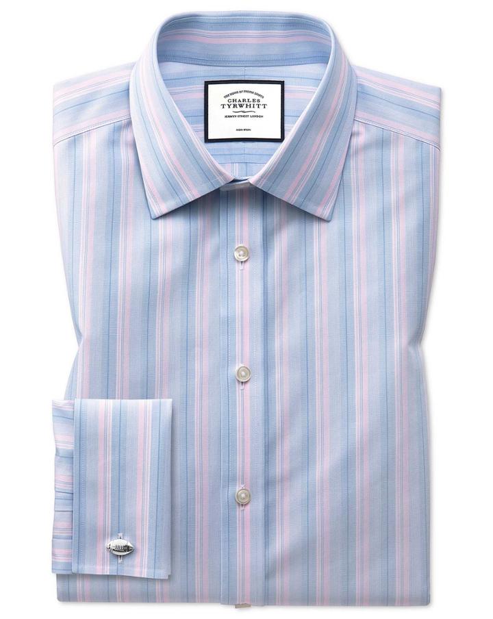  Classic Fit Non-iron Pink And Blue Multi Stripe Cotton Dress Shirt French Cuff Size 15.5/33 By Charles Tyrwhitt