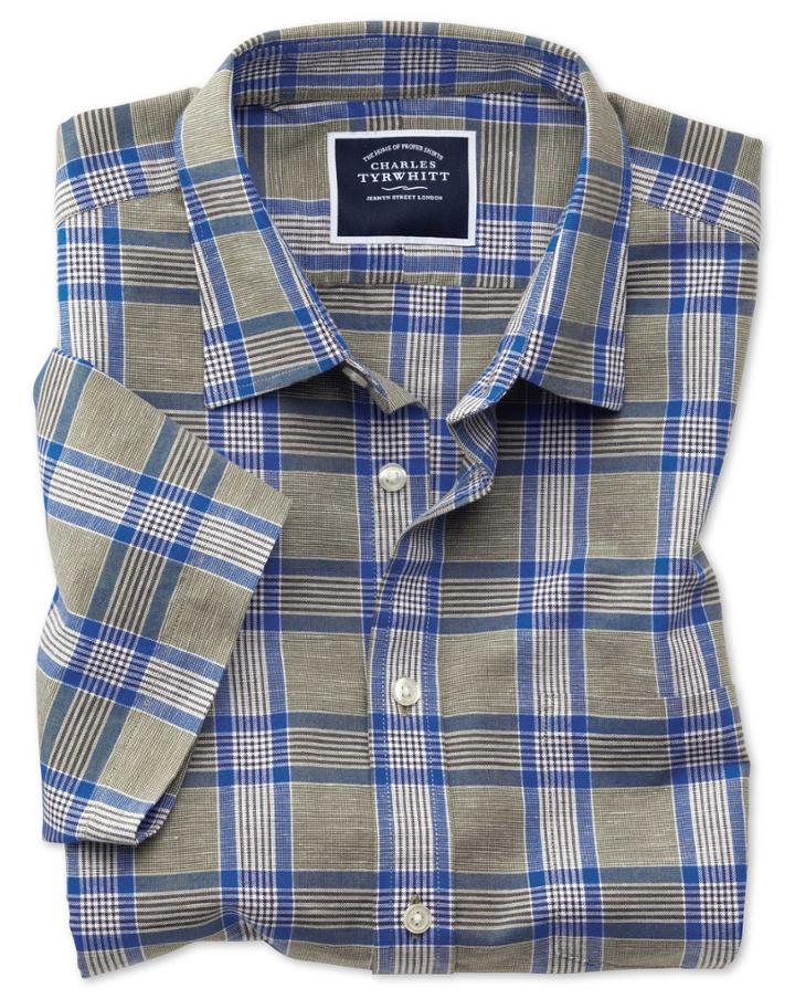 Charles Tyrwhitt Classic Fit Cotton Linen Short Sleeve Khaki Check Casual Shirt Single Cuff Size Large By Charles Tyrwhitt