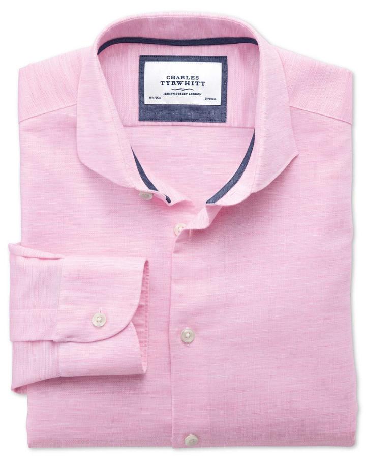 Charles Tyrwhitt Charles Tyrwhitt Slim Fit Spread Collar Business Casual Linen Cotton Light Pink Dress Shirt Size 14.5/32