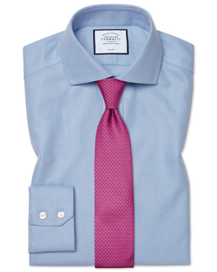  Slim Fit Cutaway Collar Non-iron Buckingham Weave Blue Cotton Dress Shirt Single Cuff Size 14.5/32 By Charles Tyrwhitt