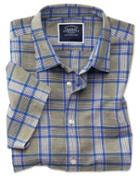 Slim Fit Khaki Check Cotton Linen Short Sleeve Cotton Linen Mix Casual Shirt Single Cuff Size Xs By Charles Tyrwhitt