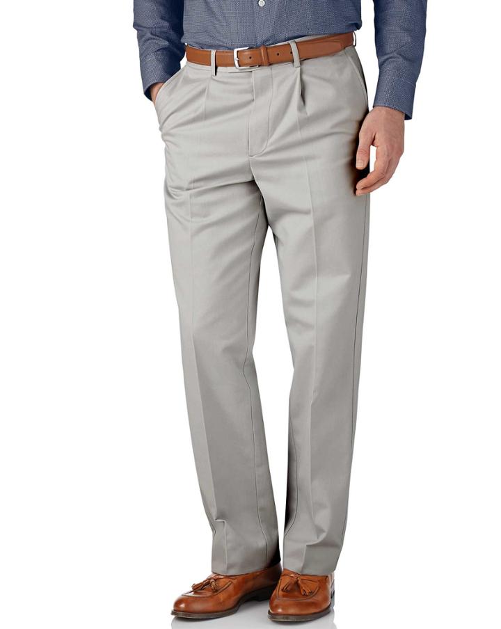 Charles Tyrwhitt Charles Tyrwhitt Silver Grey Classic Fit Single Pleat Non-iron Cotton Chino Pants Size W30 L38