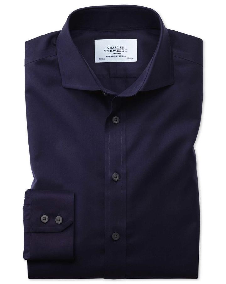 Charles Tyrwhitt Slim Fit Spread Collar Non-iron Twill Navy Blue Cotton Dress Casual Shirt Single Cuff Size 14.5/32 By Charles Tyrwhitt