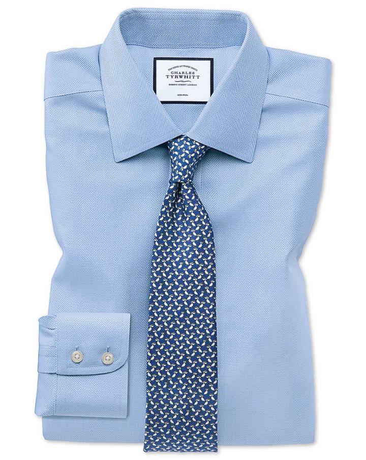  Classic Fit Non-iron Sky Blue Herringbone Cotton Dress Shirt French Cuff Size 15/33 By Charles Tyrwhitt