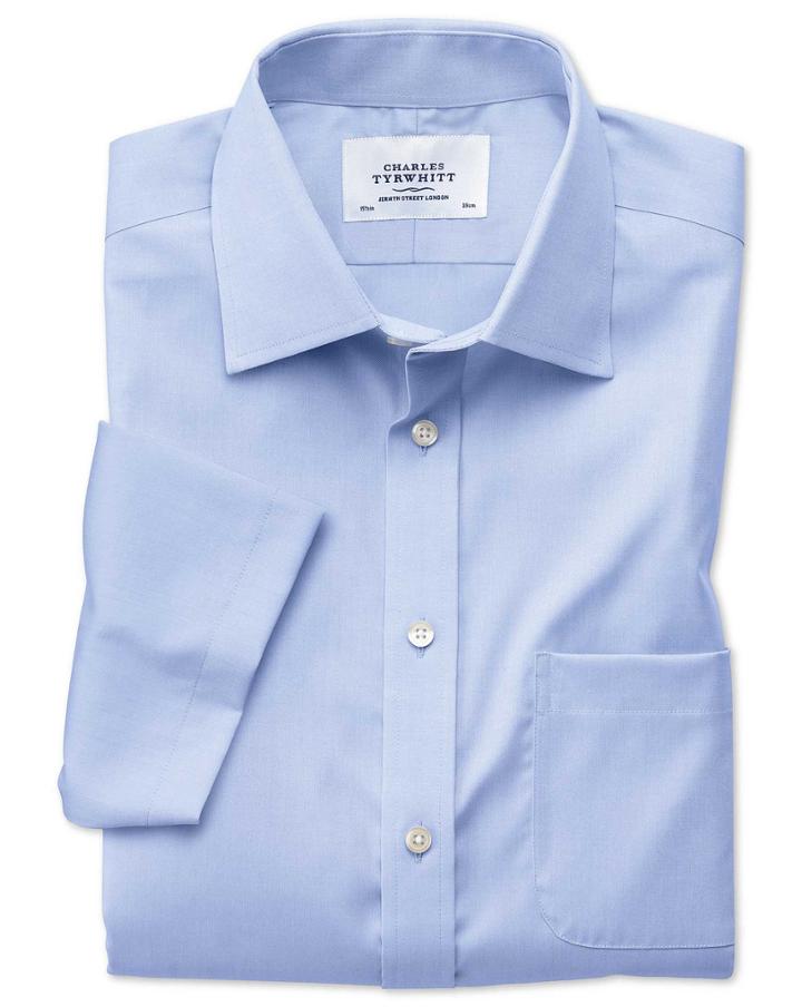 Charles Tyrwhitt Slim Fit Non-iron Pinpoint Short Sleeve Sky Blue Cotton Dress Shirt Size 18/short By Charles Tyrwhitt