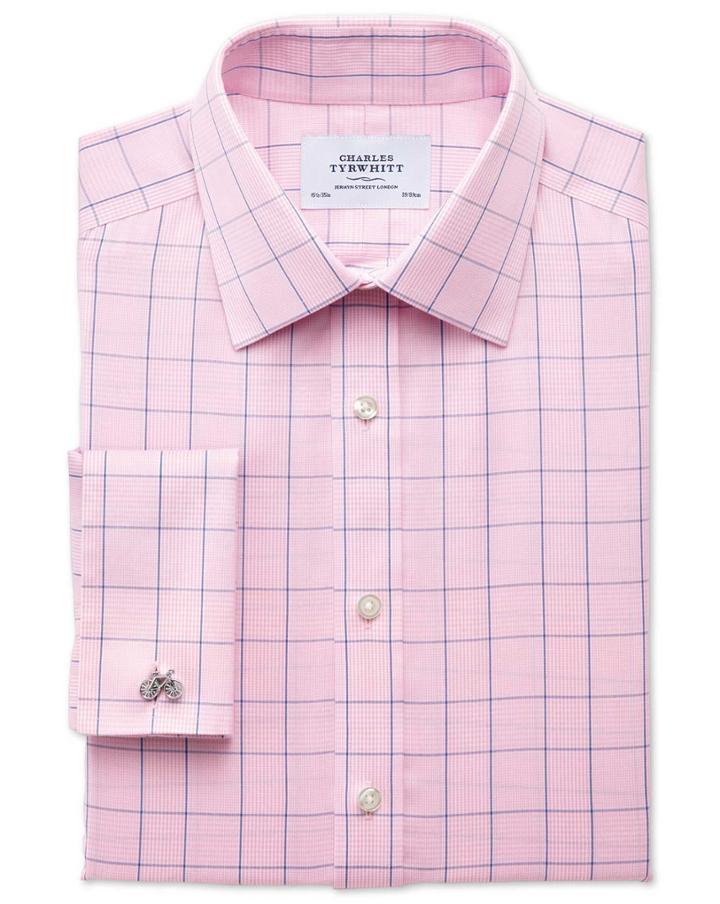 Charles Tyrwhitt Charles Tyrwhitt Classic Fit Non-iron Prince Of Wales Check Pink And Blue Cotton Dress Shirt Size 15/33