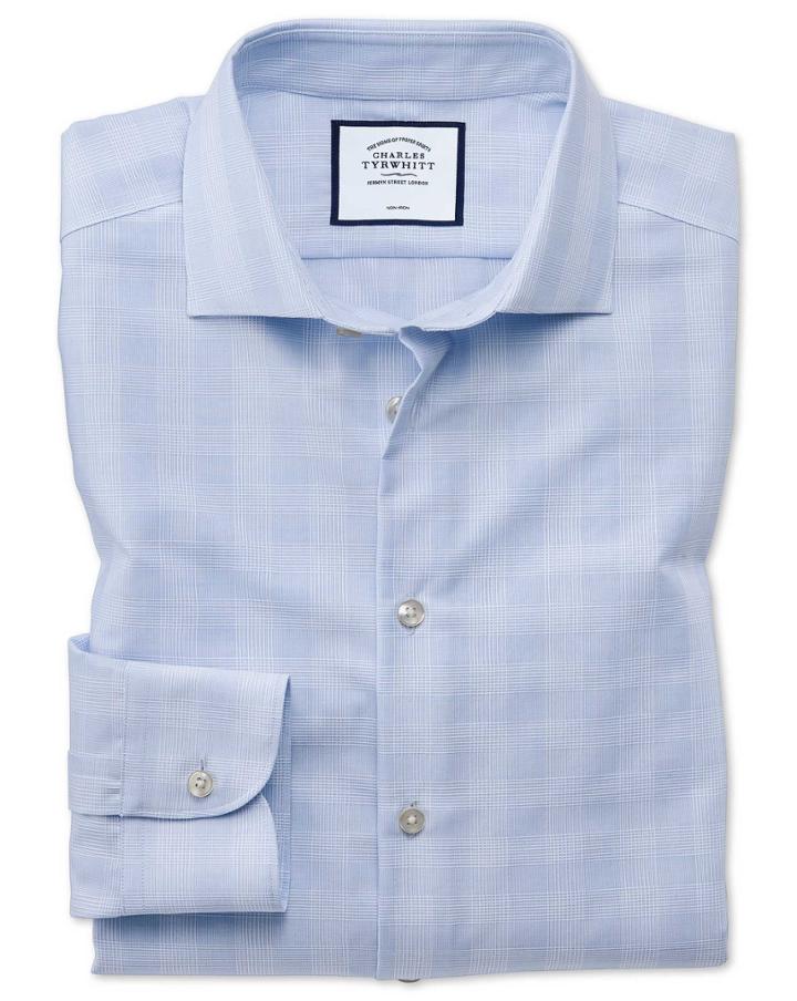  Slim Fit Business Casual Non-iron Sky Blue Check Cotton Dress Shirt Single Cuff Size 14.5/32 By Charles Tyrwhitt