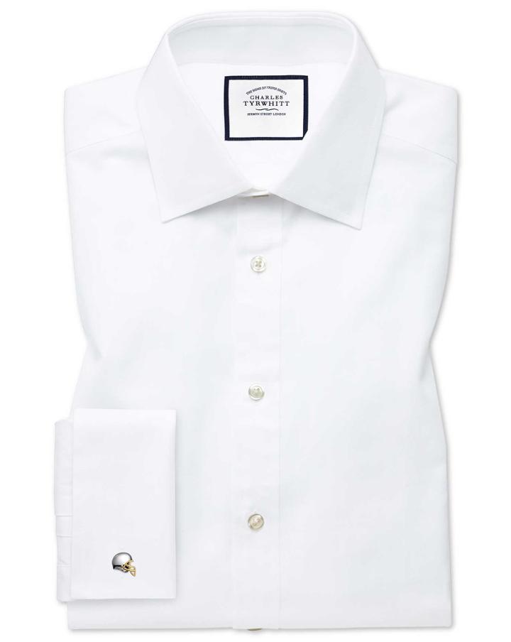  Extra Slim Fit White Fine Herringbone Cotton Dress Shirt Single Cuff Size 15.5/32 By Charles Tyrwhitt