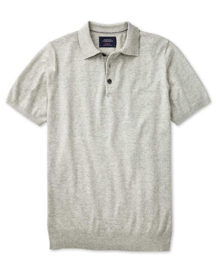 Charles Tyrwhitt Silver Blue Heather Short Sleeve Cotton Polo Collar Sweater Size Large By Charles Tyrwhitt