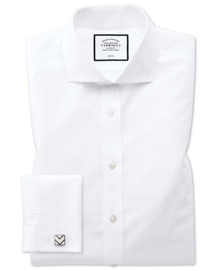  Classic Fit Spread Collar Non-iron Poplin White Cotton Dress Shirt French Cuff Size 15/33 By Charles Tyrwhitt