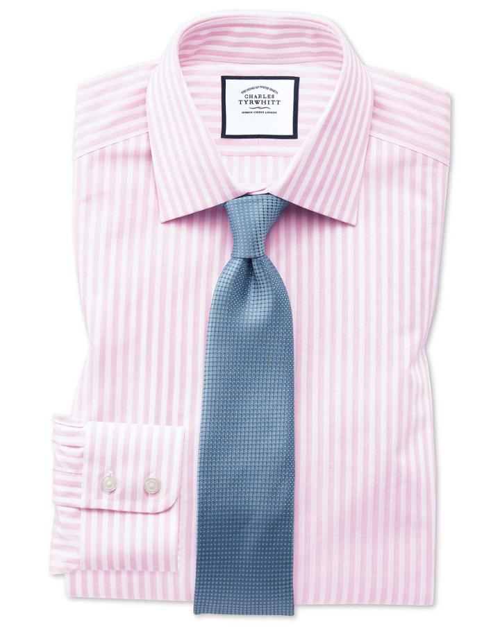  Classic Fit Pink And White Dobby Textured Stripe Cotton Dress Shirt Single Cuff Size 17/34 By Charles Tyrwhitt