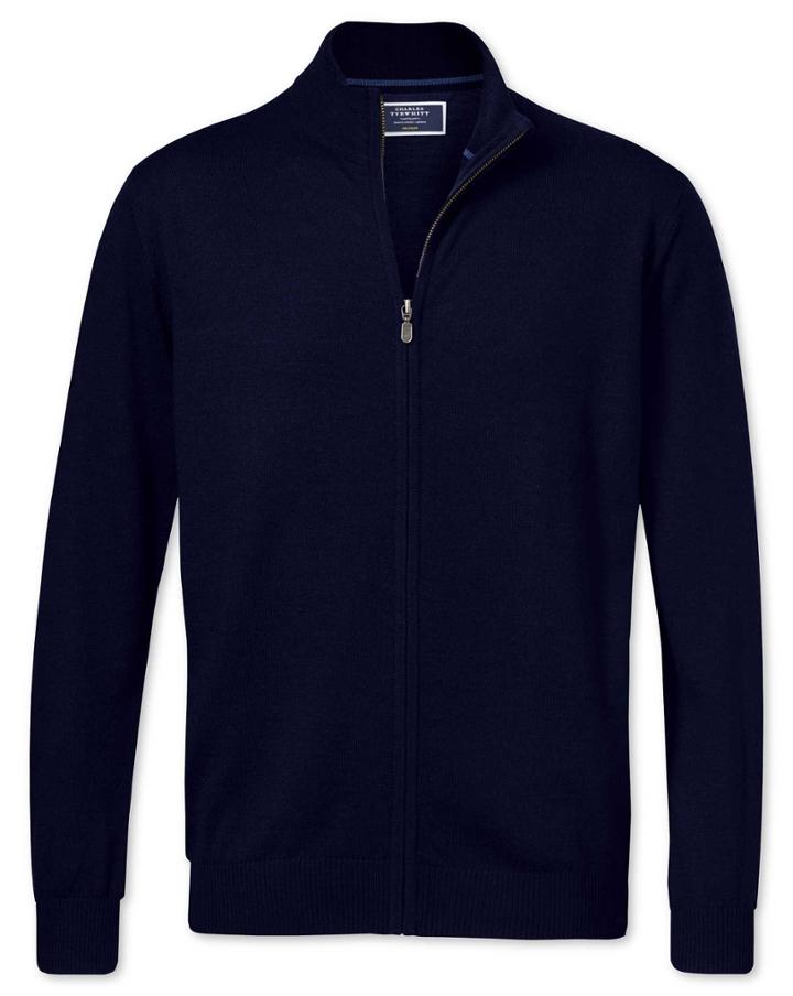  Navy Merino Wool Zip Front Cardigan Size Large By Charles Tyrwhitt