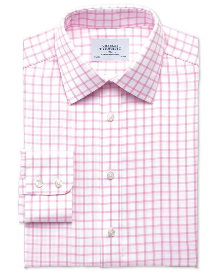 Charles Tyrwhitt Charles Tyrwhitt Extra Slim Fit Non-iron Twill Grid Check Light Pink Cotton Dress Shirt Size 14.5/32