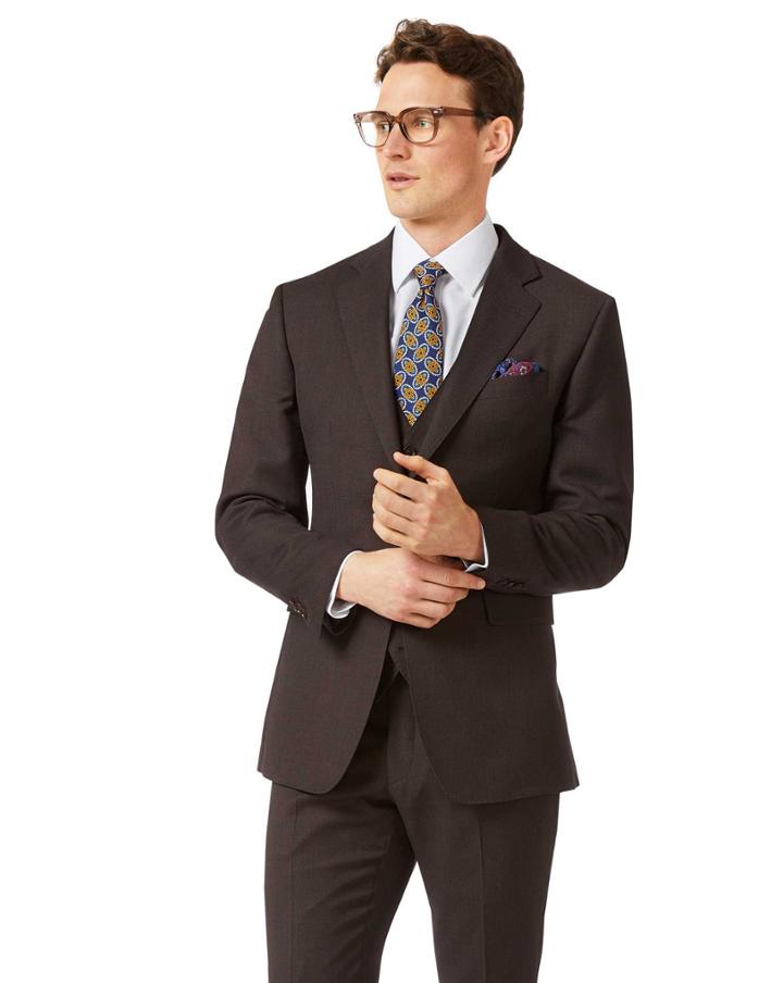  Brown Slim Fit Birdseye Travel Suit Wool Jacket Size 40 By Charles Tyrwhitt