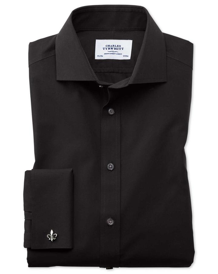 Charles Tyrwhitt Slim Fit Spread Collar Non-iron Poplin Black Cotton Dress Shirt French Cuff Size 14.5/32 By Charles Tyrwhitt