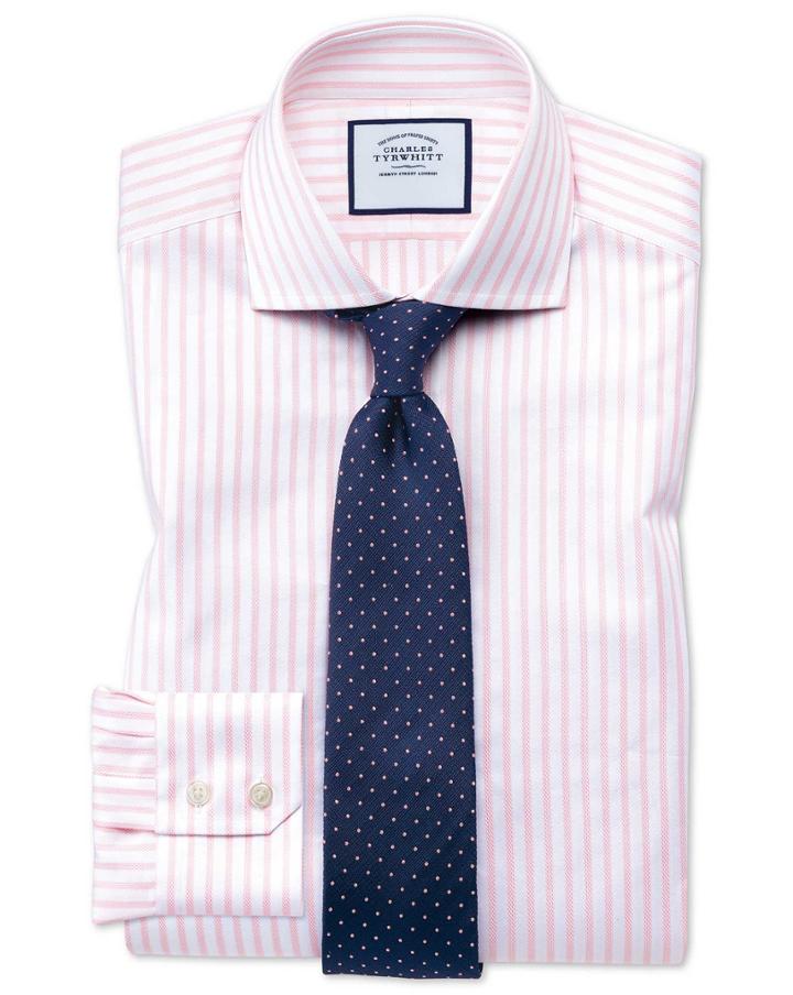Charles Tyrwhitt Extra Slim Fit Spread Collar Textured Stripe Pink And White Cotton Dress Shirt Single Cuff Size 14.5/33 By Charles Tyrwhitt