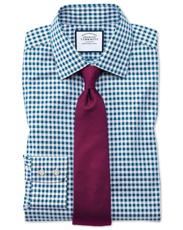 Charles Tyrwhitt Classic Fit Non-iron Gingham Teal Cotton Dress Shirt Single Cuff Size 15.5/34 By Charles Tyrwhitt