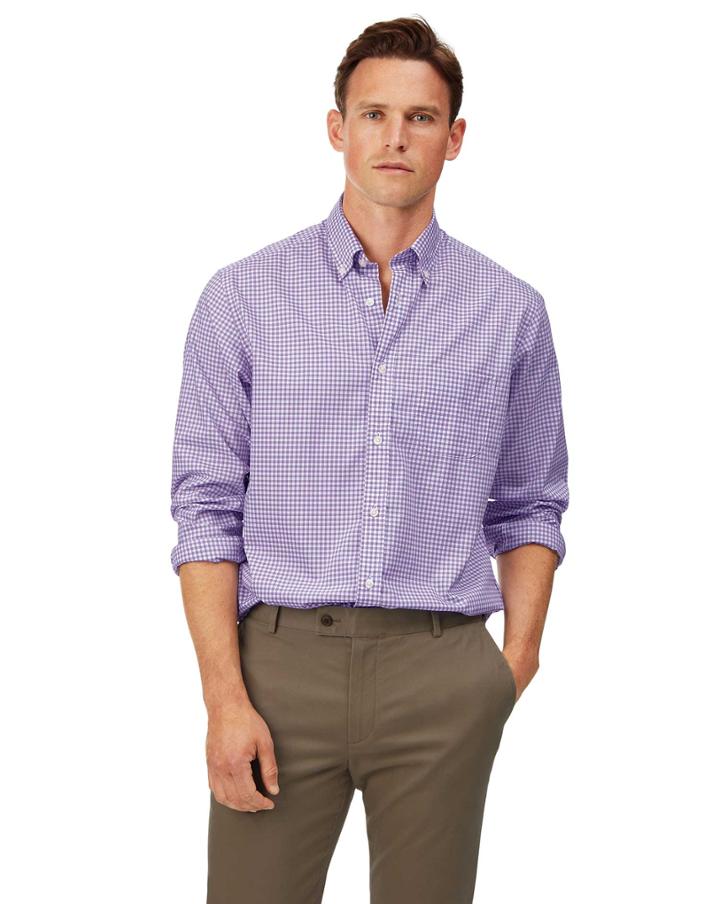  Classic Fit Lilac Check Gingham Soft Washed Non-iron Stretch Poplin Cotton Casual Shirt Single Cuff Size Medium By Charles Tyrwhitt