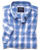  Classic Fit Non-iron Blue Check Short Sleeve Cotton Casual Shirt Single Cuff Size Medium By Charles Tyrwhitt