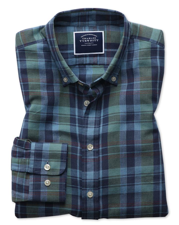  Slim Fit Navy And Green Check Cotton Linen Twill Casual Shirt Single Cuff Size Large By Charles Tyrwhitt