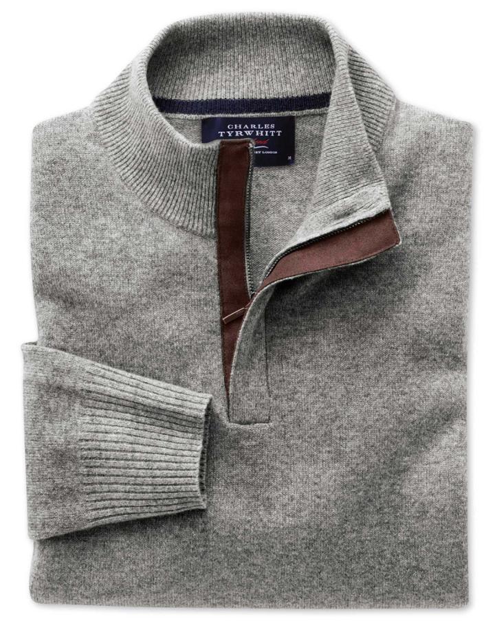 Charles Tyrwhitt Charles Tyrwhitt Silver Grey Cotton Cashmere Zip Neck Sweater