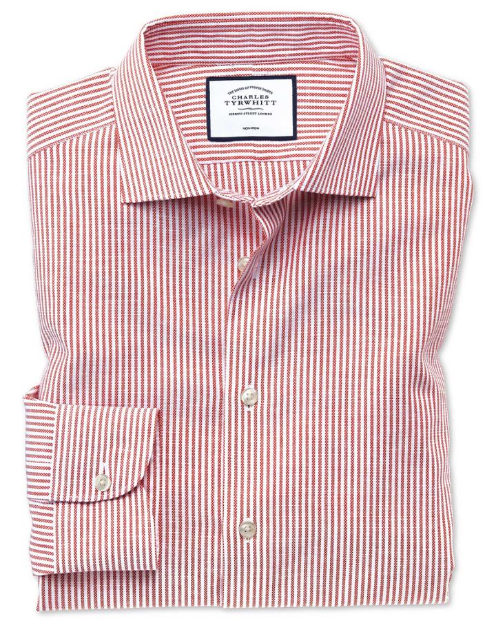  Slim Fit Business Casual Non-iron Cotton Linen Red Strip Dress Shirt Single Cuff Size 16/35 By Charles Tyrwhitt