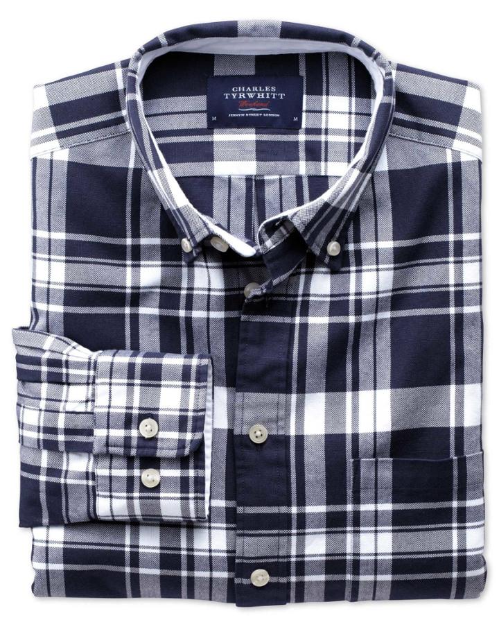 Charles Tyrwhitt Charles Tyrwhitt Extra Slim Fit Navy And White Check Washed Oxford Cotton Dress Shirt Size Small