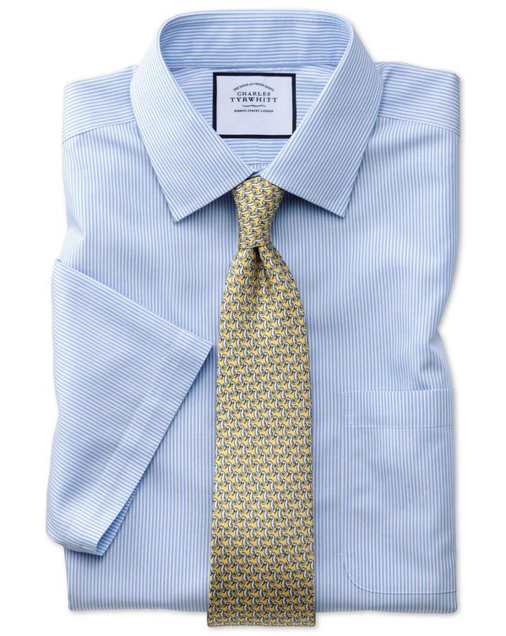  Classic Fit Non-iron Sky Blue Bengal Stripe Short Sleeve Cotton Dress Shirt Size 16.5/short By Charles Tyrwhitt