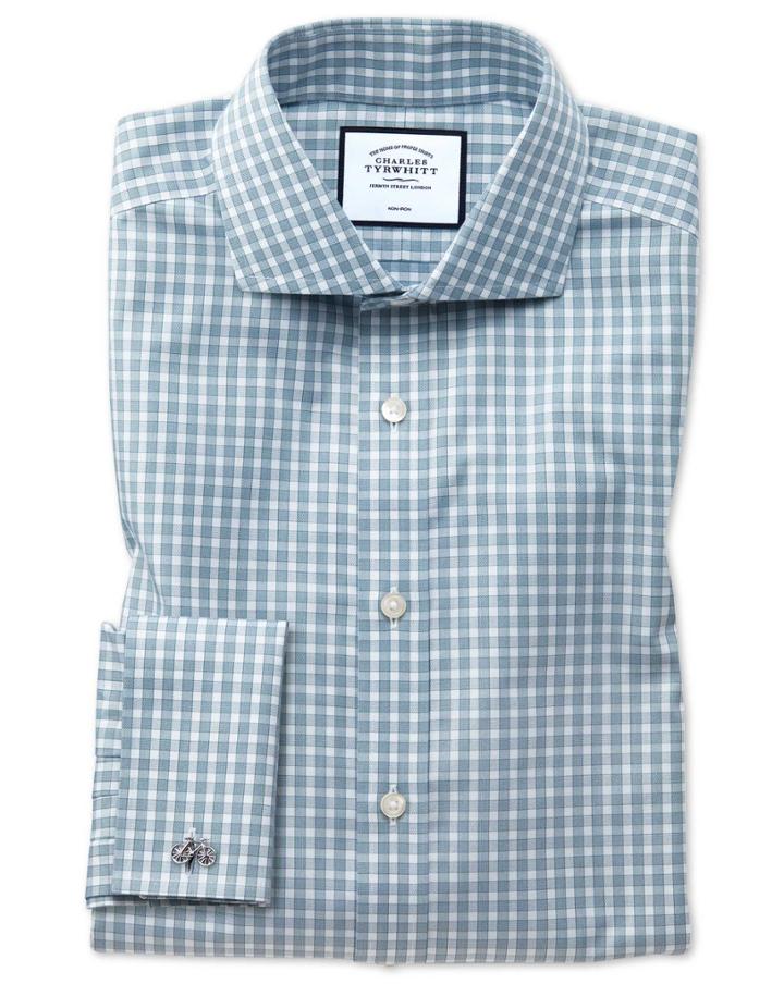  Slim Fit Non-iron Twill Gingham Teal Cotton Dress Shirt French Cuff Size 14.5/33 By Charles Tyrwhitt