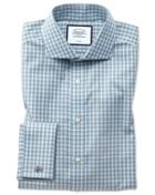  Slim Fit Non-iron Twill Gingham Teal Cotton Dress Shirt French Cuff Size 14.5/33 By Charles Tyrwhitt