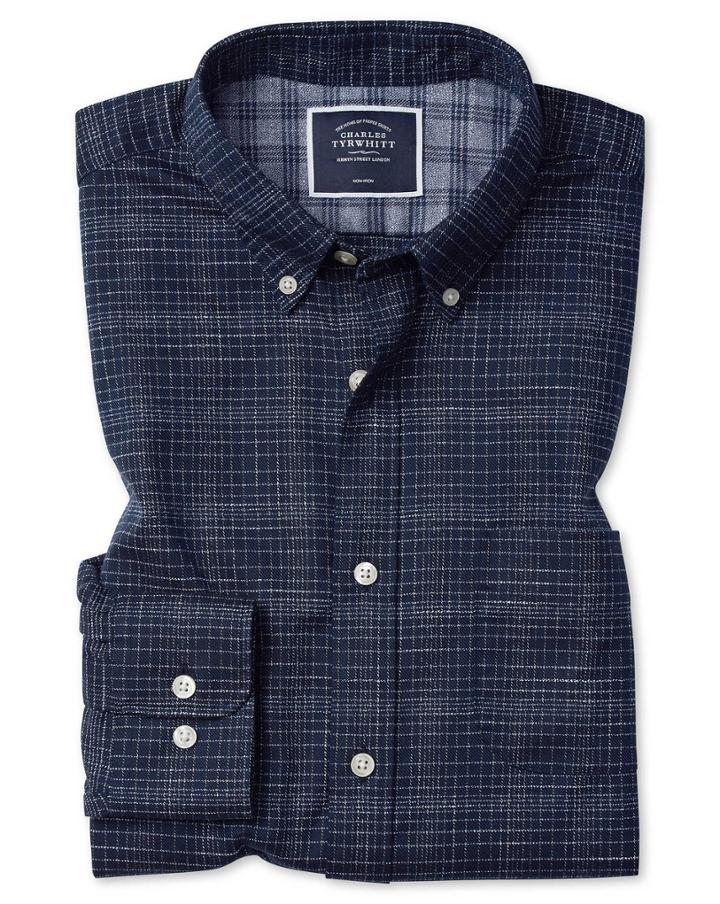  Classic Fit Soft Washed Non-iron Twill Navy Grid Check Cotton Casual Shirt Single Cuff Size Large By Charles Tyrwhitt