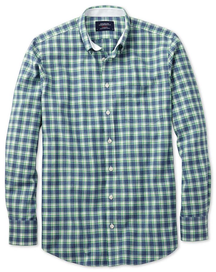  Classic Fit Blue And Green Check Washed Oxford Cotton Casual Shirt Single Cuff Size Xl By Charles Tyrwhitt