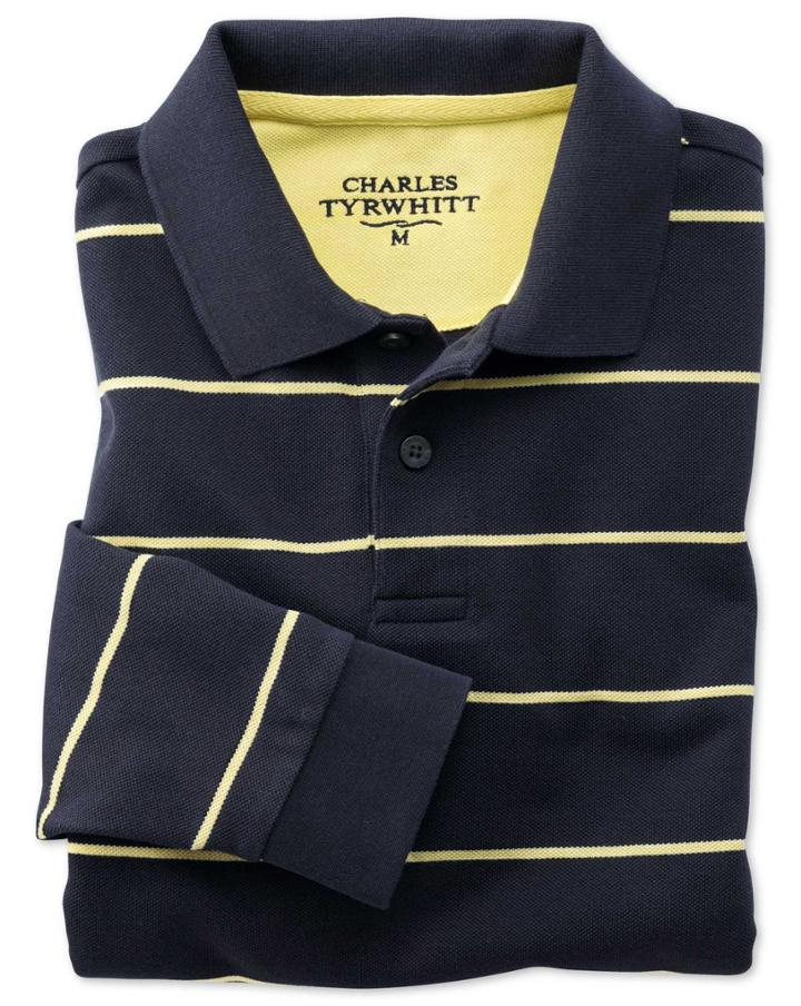 Charles Tyrwhitt Charles Tyrwhitt Classic Fit Navy Striped Pique Long Sleeve Polo Shirt