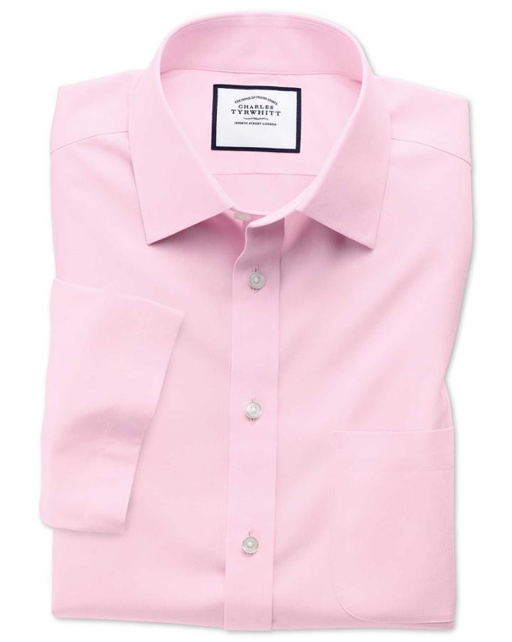 Charles Tyrwhitt Slim Fit Non-iron Poplin Short Sleeve Pink Cotton Dress Shirt Size 14.5/short By Charles Tyrwhitt