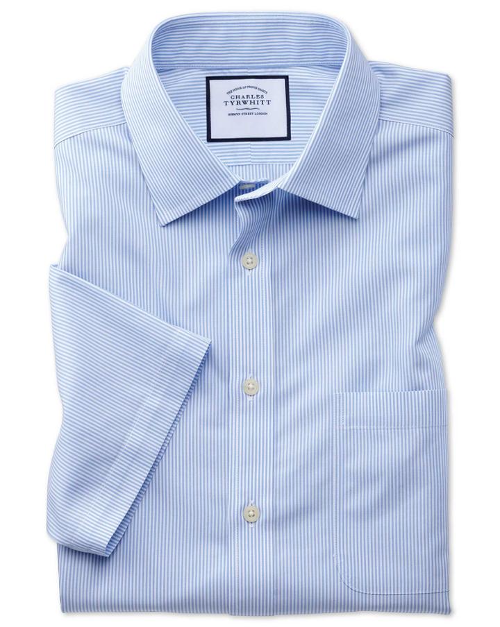Charles Tyrwhitt Slim Fit Non-iron Bengal Stripe Short Sleeve Sky Cotton Dress Shirt Size 15/short By Charles Tyrwhitt