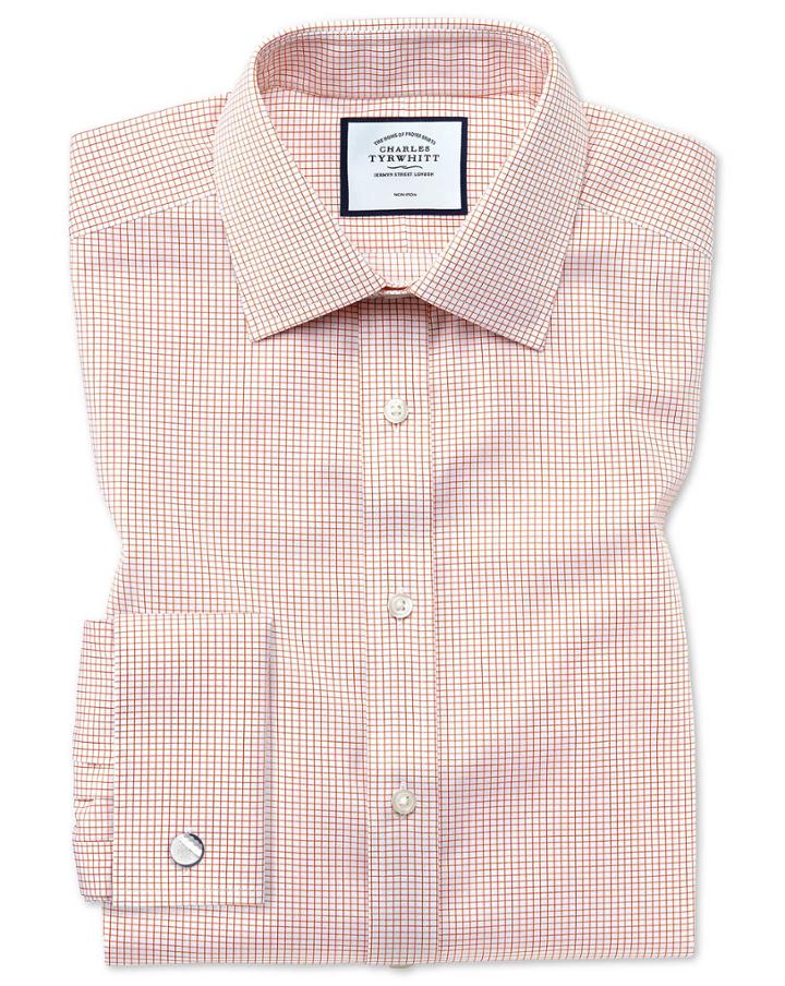  Slim Fit Non-iron Twill Mini Grid Check Orange Cotton Dress Shirt French Cuff Size 14.5/33 By Charles Tyrwhitt