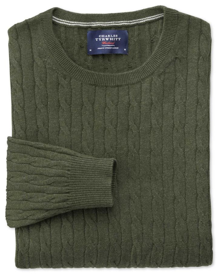 Charles Tyrwhitt Forest Green Cotton Cashmere Cable Crew Neck Cotton/cashmere Sweater Size Medium By Charles Tyrwhitt
