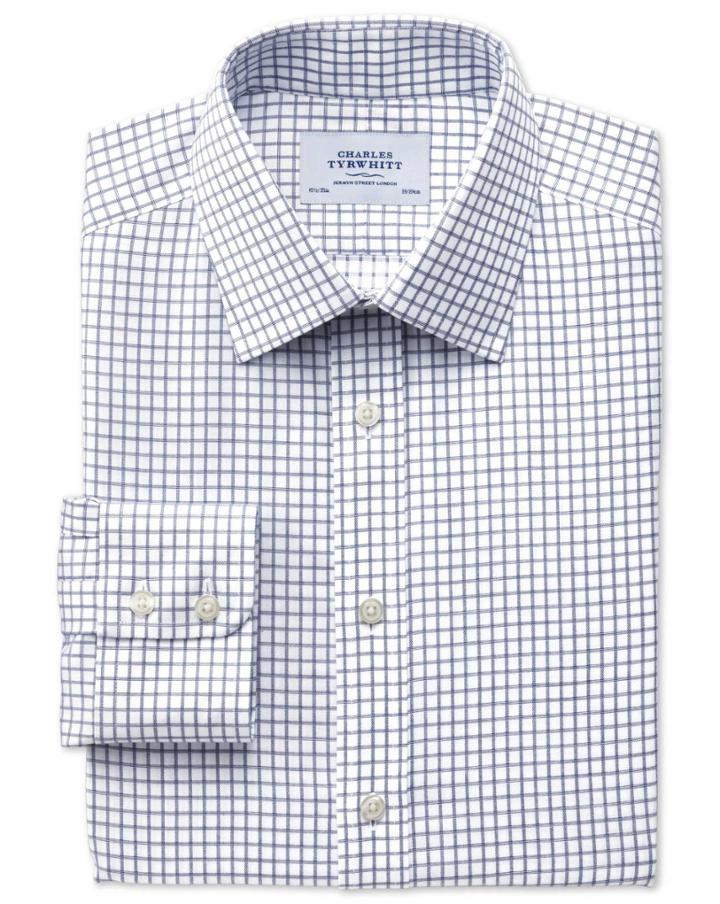Charles Tyrwhitt Slim Fit Non-iron Windowpane Check Indigo Cotton Dress Shirt Single Cuff Size 16/38 By Charles Tyrwhitt