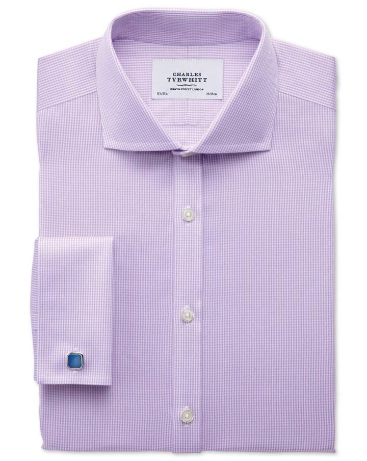 Charles Tyrwhitt Charles Tyrwhitt Slim Fit Spread Collar Non Iron Puppytooth Lilac Cotton Dress Shirt Size 14.5/32