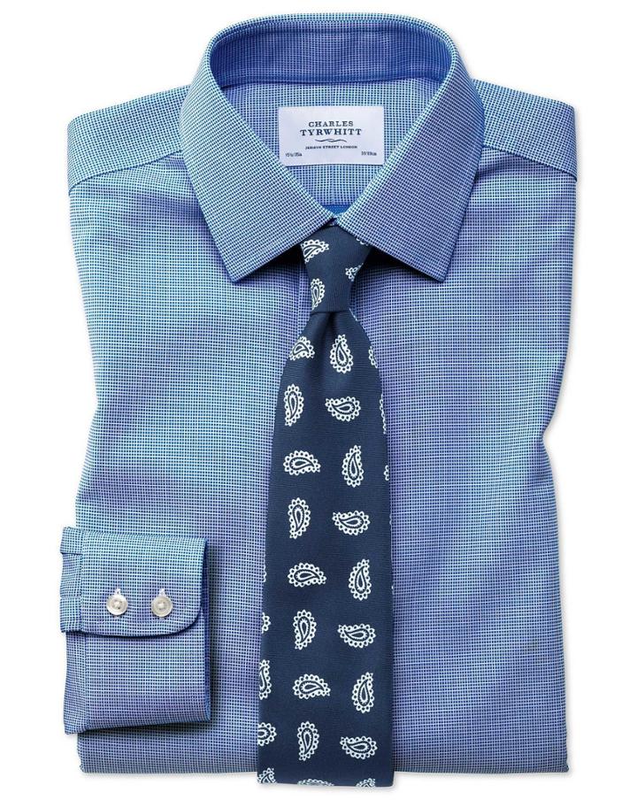 Charles Tyrwhitt Classic Fit Non-iron Square Weave Blue Cotton Dress Casual Shirt French Cuff Size 15/33 By Charles Tyrwhitt