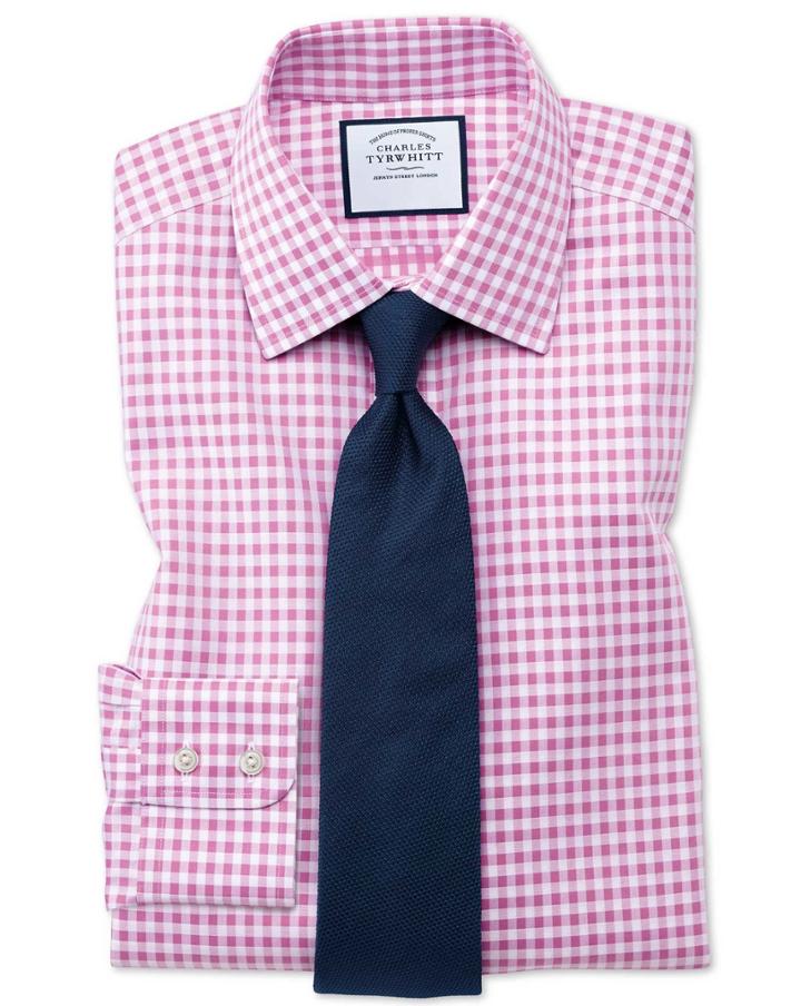 Charles Tyrwhitt Slim Fit Non-iron Gingham Pink Cotton Dress Shirt Single Cuff Size 14.5/33 By Charles Tyrwhitt