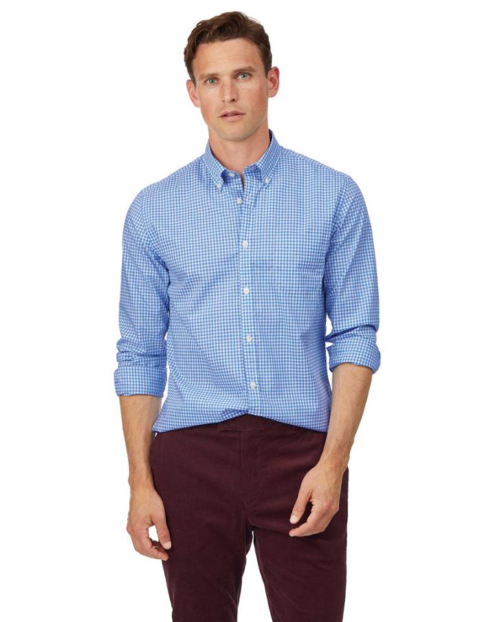  Extra Slim Fit Sky Check Gingham Soft Washed Non-iron Stretch Poplin Cotton Casual Shirt Single Cuff Size Small By Charles Tyrwhitt