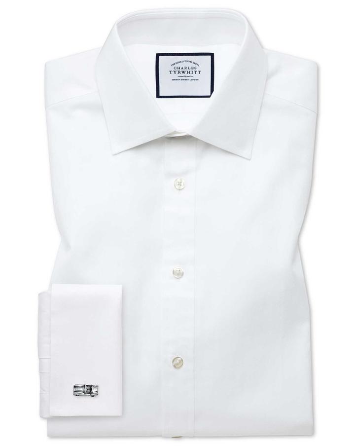  Slim Fit White Fine Herringbone Cotton Dress Shirt Single Cuff Size 14.5/32 By Charles Tyrwhitt